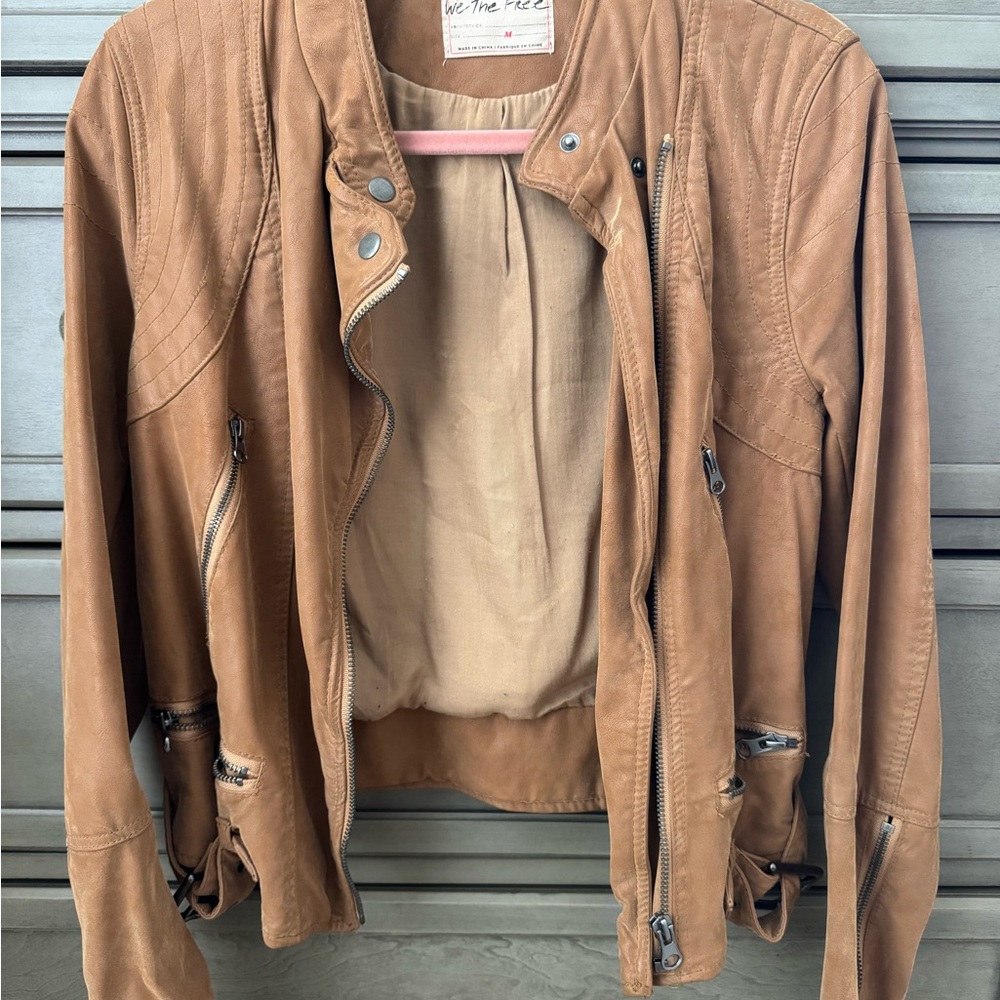 We The Free Tan Leather Moto Jacket with Cropped Design